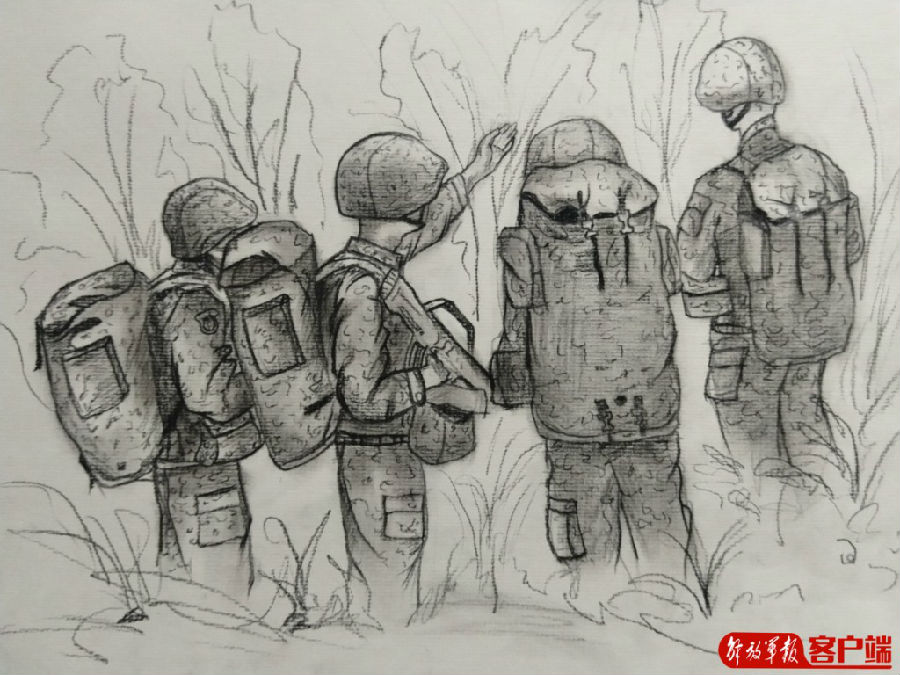 军人背影素描画图片